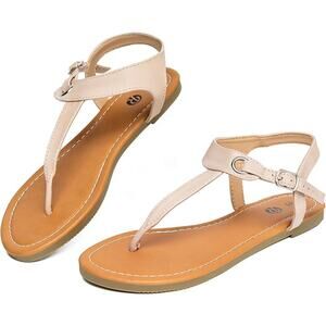 New Rekayla Womens Size 8.5 Tan Flat Thong T-Strap Adjustable Ankle Sandals
